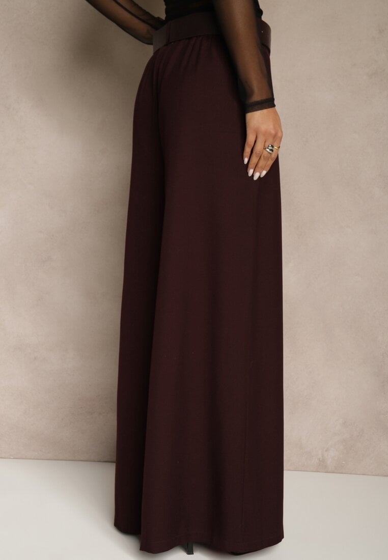 Bordowe Szerokie Garniturowe Spodnie z Bawełny High Waist Ozdobione Paskiem Tusneva