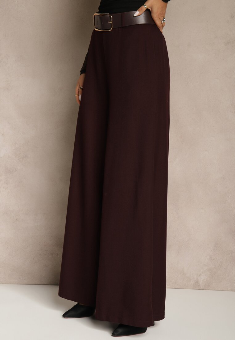 Bordowe Szerokie Garniturowe Spodnie z Bawełny High Waist Ozdobione Paskiem Tusneva