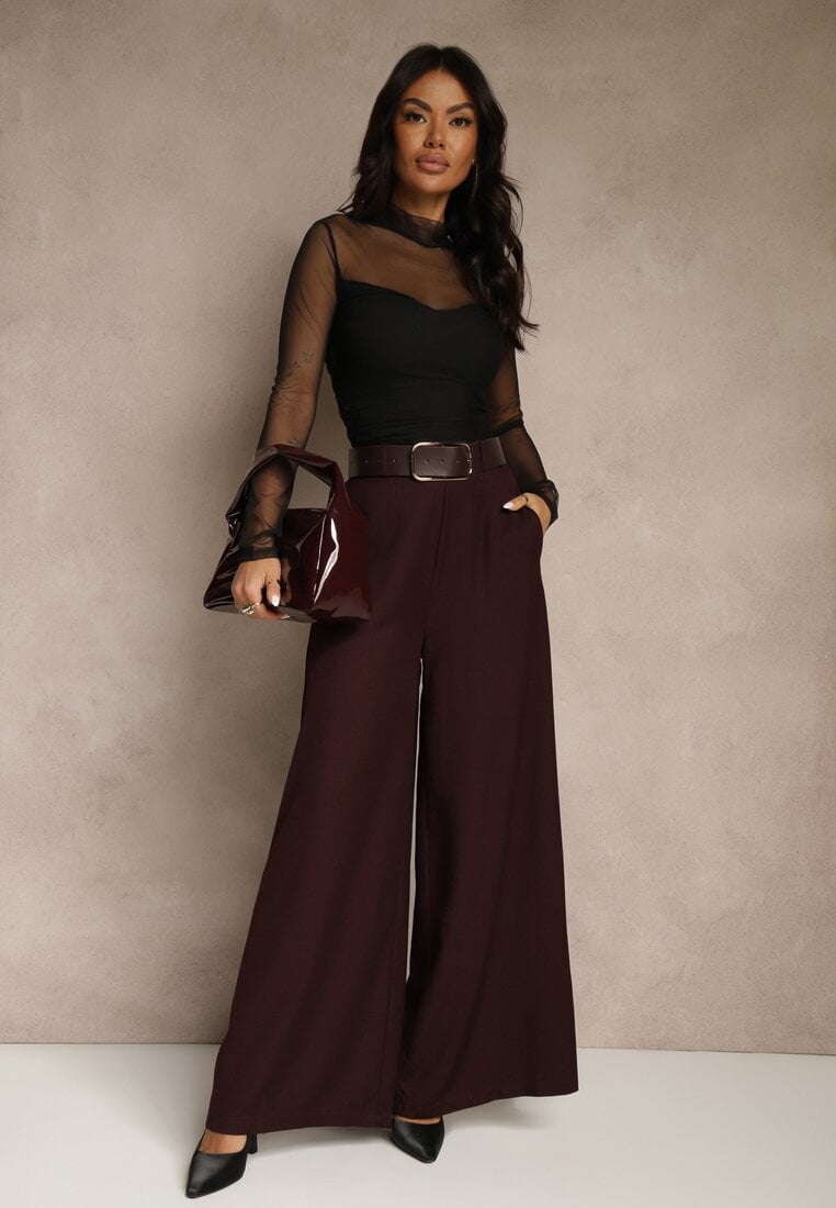 Bordowe Szerokie Garniturowe Spodnie z Bawełny High Waist Ozdobione Paskiem Tusneva