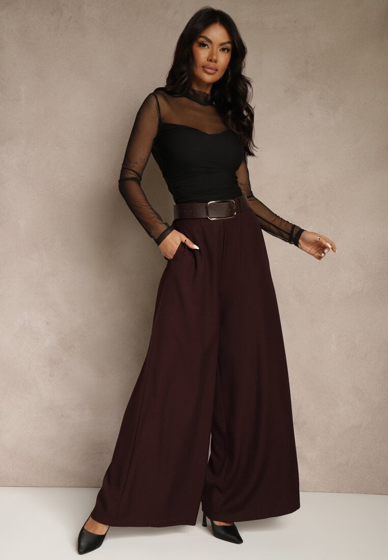 Bordowe Szerokie Garniturowe Spodnie z Bawełny High Waist Ozdobione Paskiem Tusneva