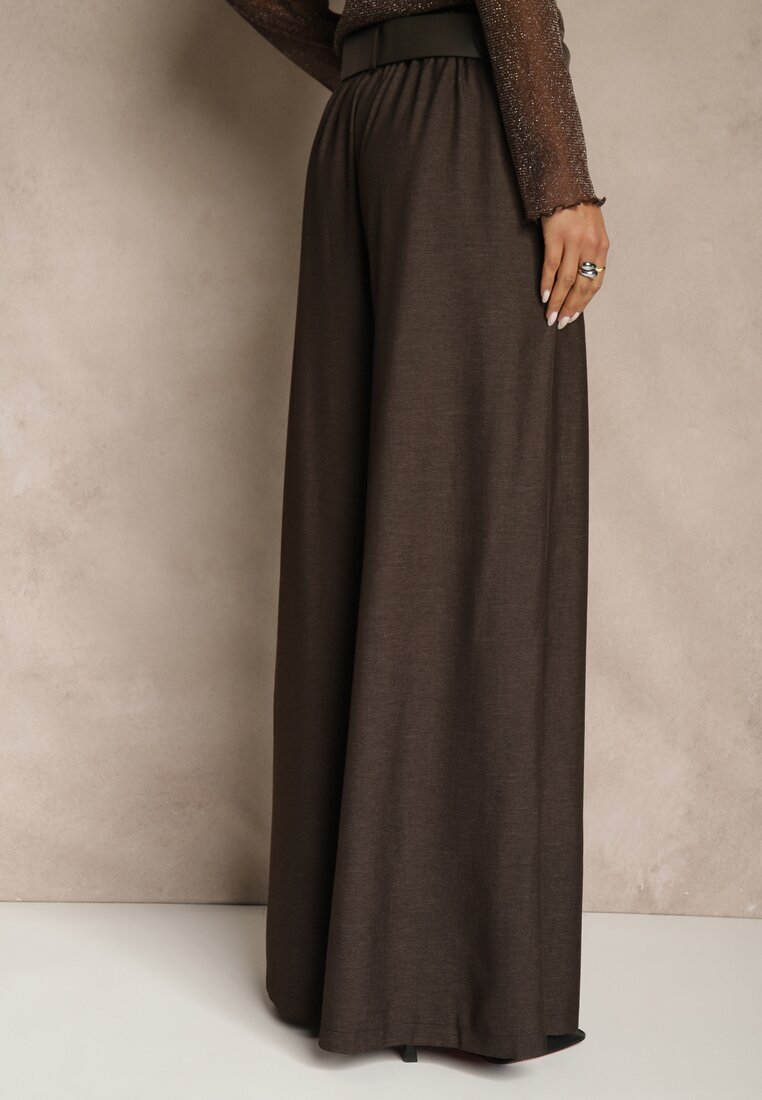 Brązowe Szerokie Garniturowe Spodnie z Bawełny High Waist Ozdobione Paskiem Tusneva