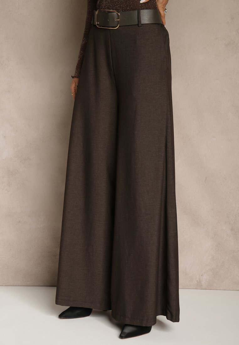 Brązowe Szerokie Garniturowe Spodnie z Bawełny High Waist Ozdobione Paskiem Tusneva