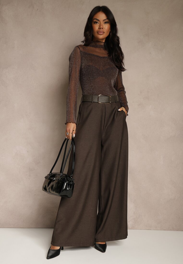 Brązowe Szerokie Garniturowe Spodnie z Bawełny High Waist Ozdobione Paskiem Tusneva