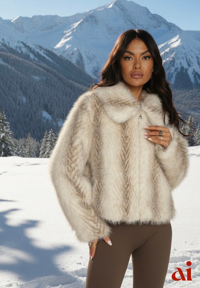 Jasnobeżowa Klasyczna Kurtka Futerko z Zapięciem na Zamek Błyskawiczny Tuswella