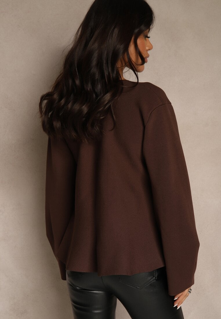 Brązowy Kardigan z Wiskozą Ozdobiony w Pasie Wiązaniem Tusllima