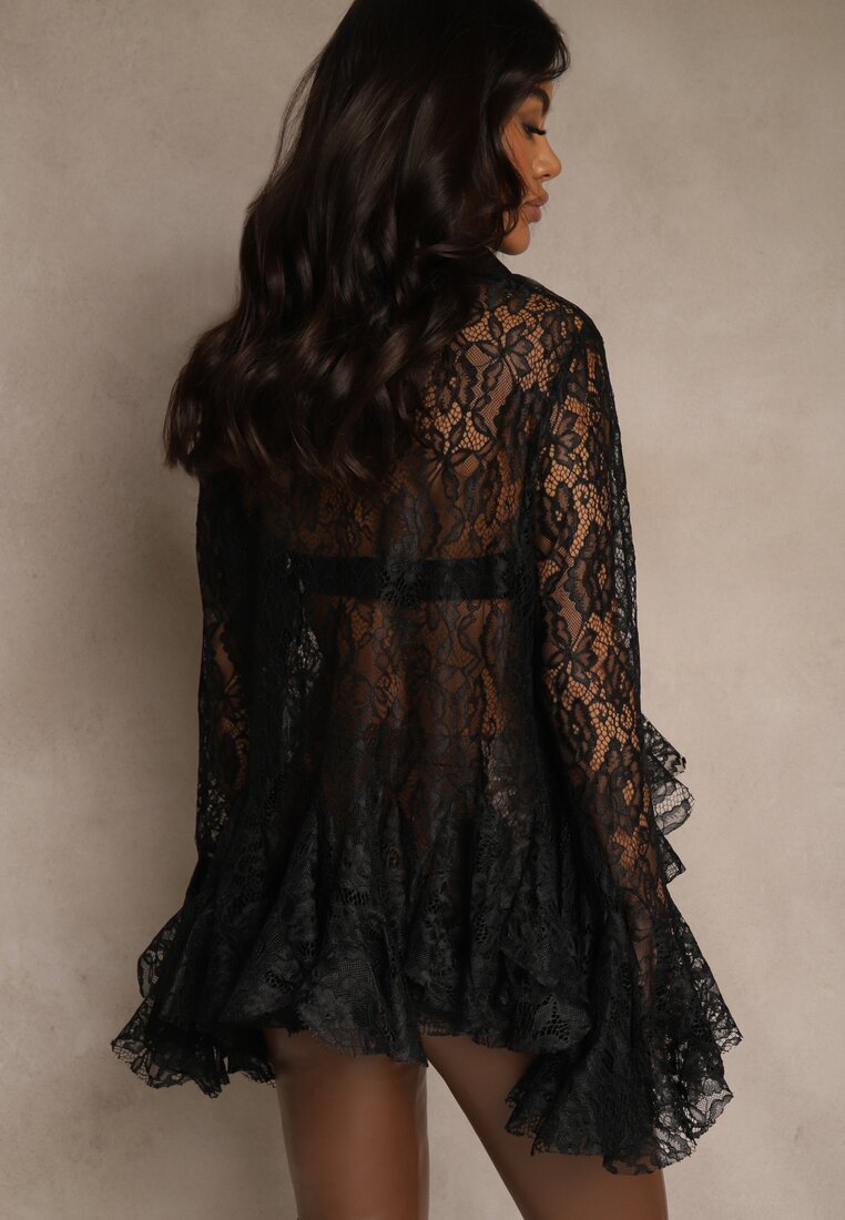 Czarna Koszula z Koronki z Falbankami Ezifina