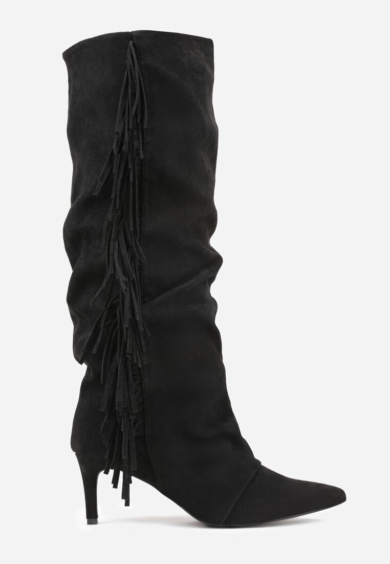 Czarne Kozaki z Imitacji Zamszu na Szpilce z Marszczoną Cholewką z Frędzlami Linotris