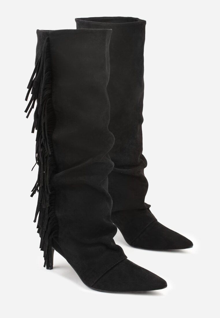 Czarne Kozaki z Imitacji Zamszu na Szpilce z Marszczoną Cholewką z Frędzlami Linotris