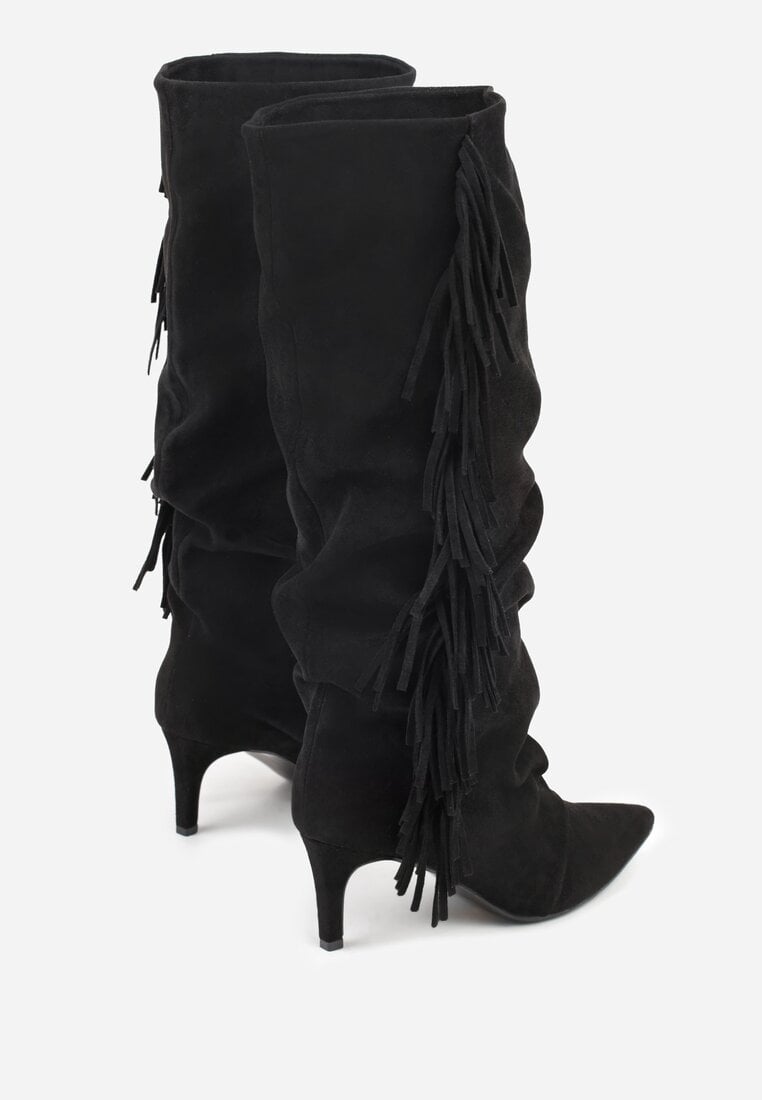 Czarne Kozaki z Imitacji Zamszu na Szpilce z Marszczoną Cholewką z Frędzlami Linotris