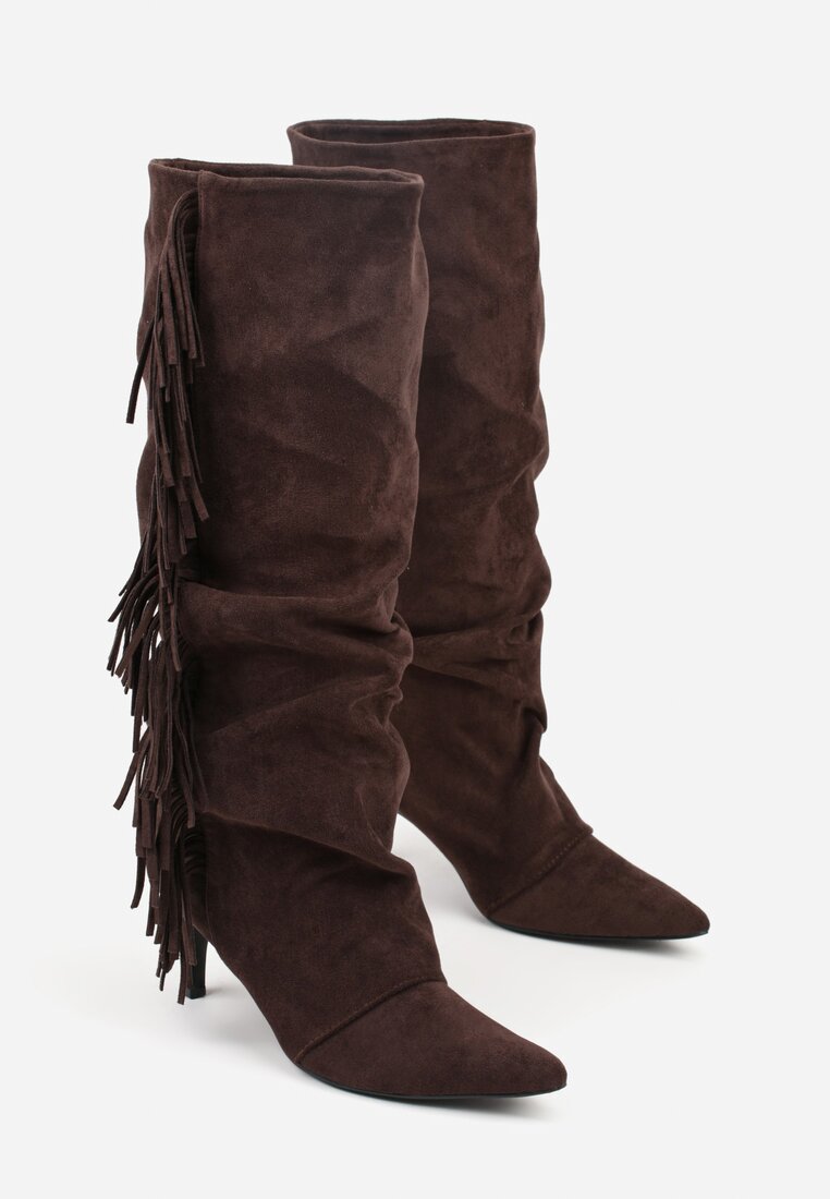 Brązowe Kozaki z Imitacji Zamszu na Szpilce z Marszczoną Cholewką z Frędzlami Linotris