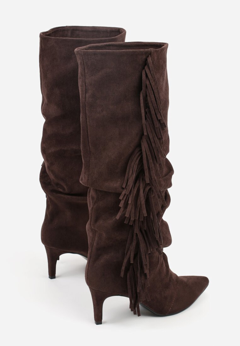 Brązowe Kozaki z Imitacji Zamszu na Szpilce z Marszczoną Cholewką z Frędzlami Linotris