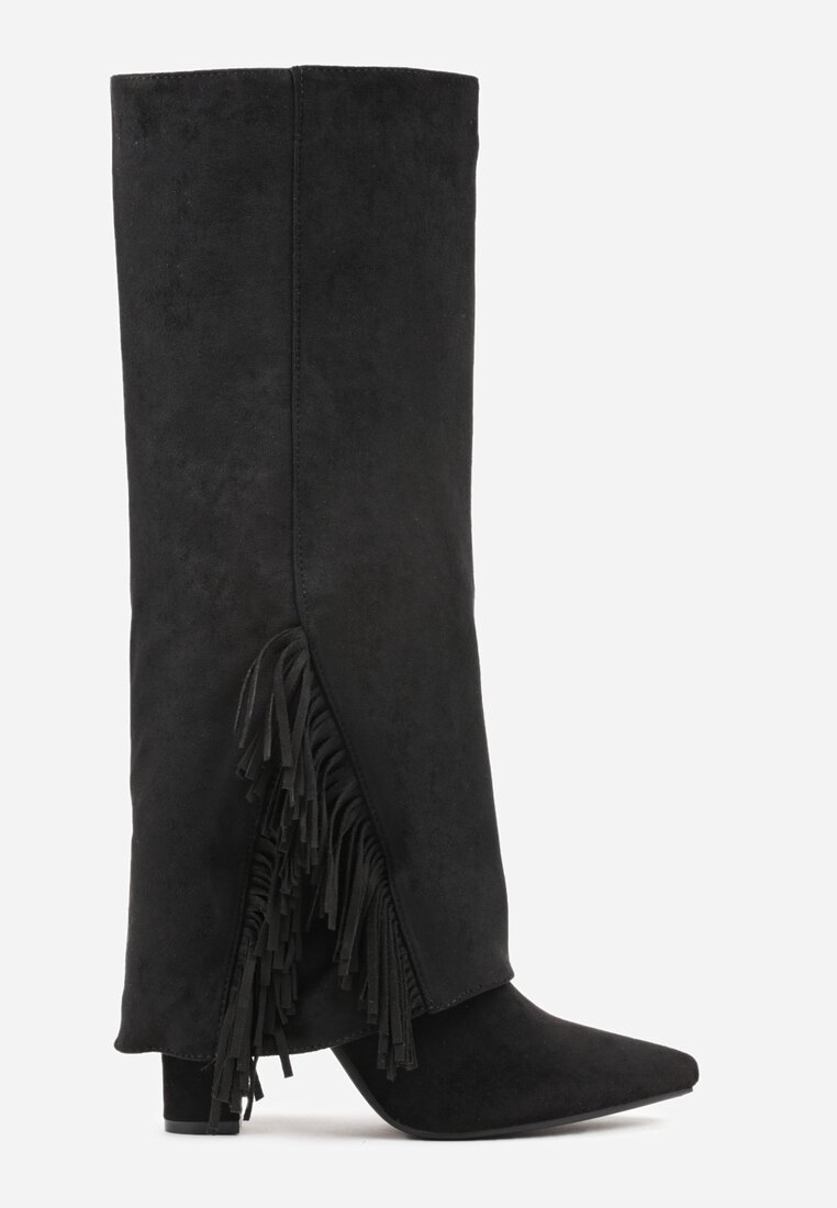 Czarne Kozaki na Słupkowym Obcasie z Cholewką Imitującą Nogawkę z Frędzlami Linafela