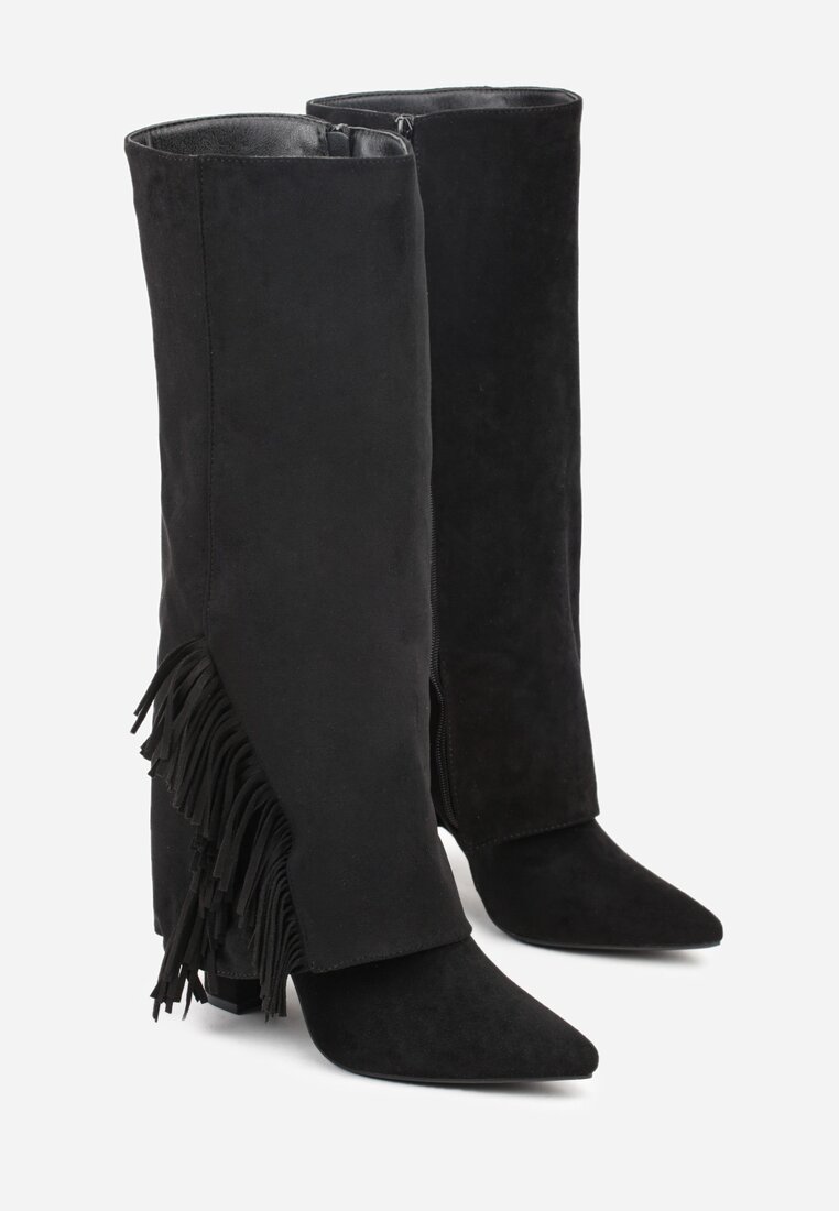 Czarne Kozaki na Słupkowym Obcasie z Cholewką Imitującą Nogawkę z Frędzlami Linafela