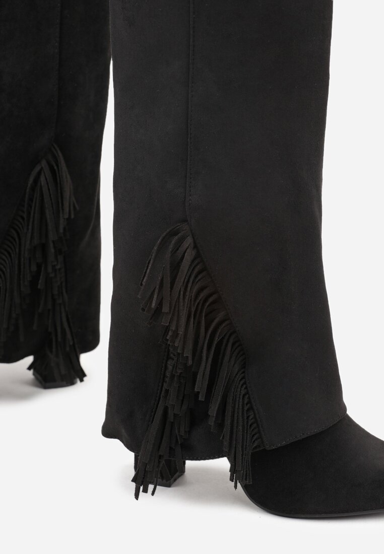 Czarne Kozaki na Słupkowym Obcasie z Cholewką Imitującą Nogawkę z Frędzlami Linafela