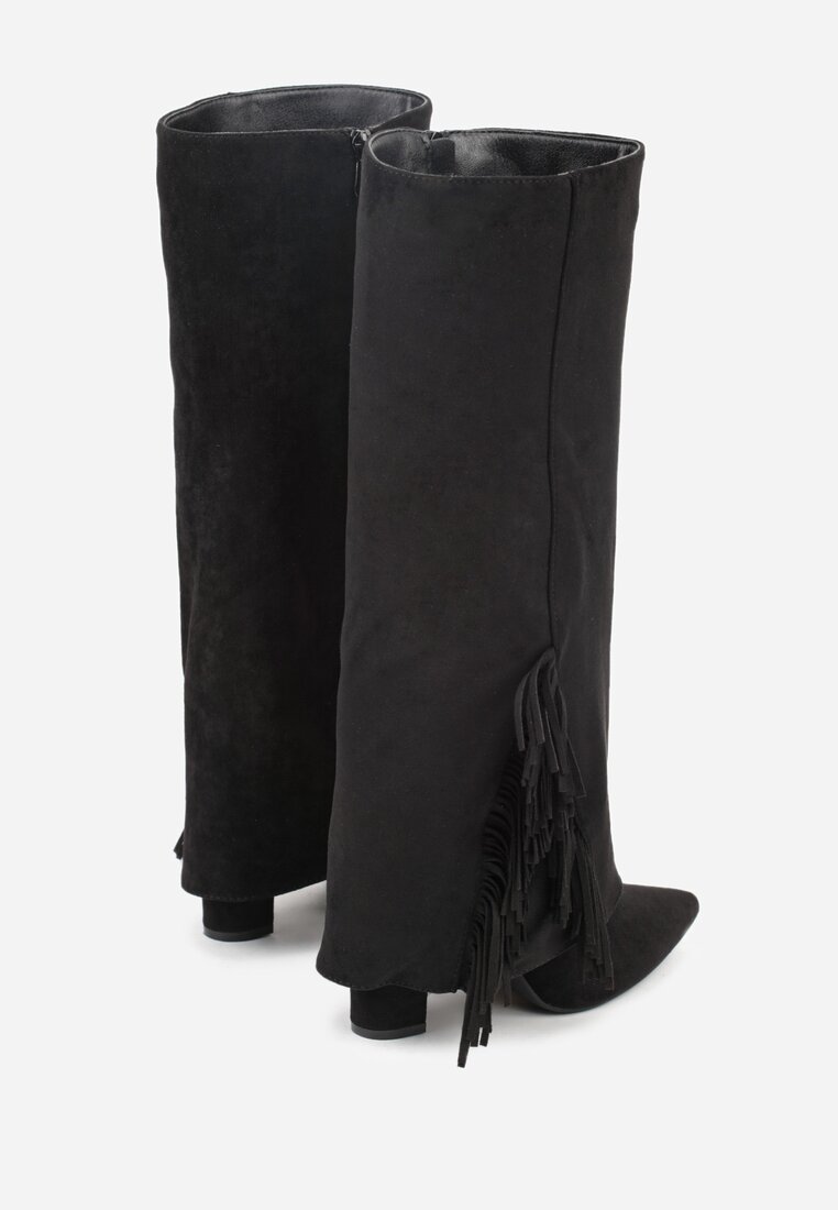 Czarne Kozaki na Słupkowym Obcasie z Cholewką Imitującą Nogawkę z Frędzlami Linafela