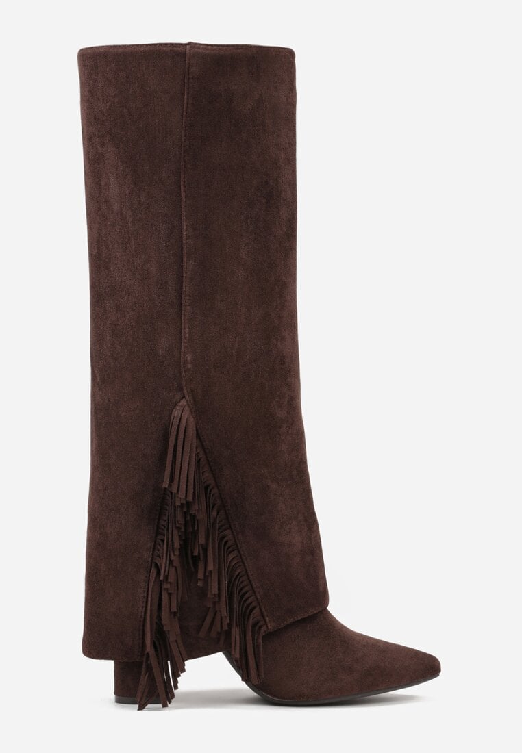 Brązowe Kozaki na Słupkowym Obcasie z Cholewką Imitującą Nogawkę z Frędzlami Linafela