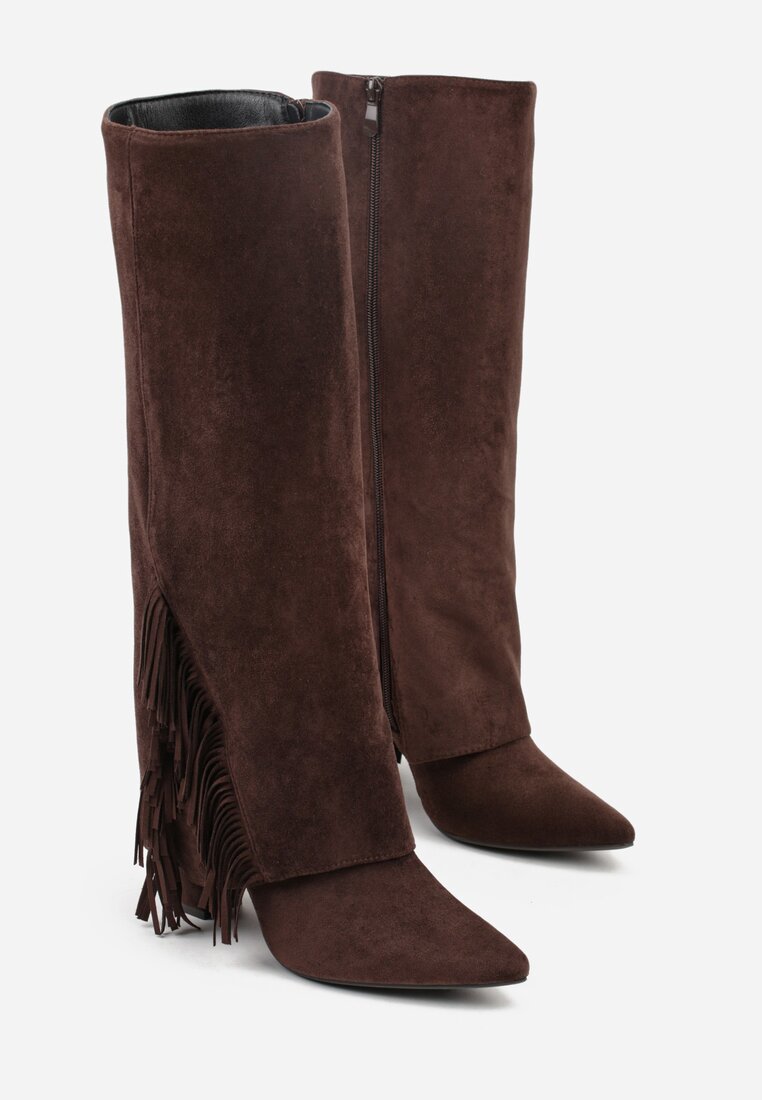 Brązowe Kozaki na Słupkowym Obcasie z Cholewką Imitującą Nogawkę z Frędzlami Linafela