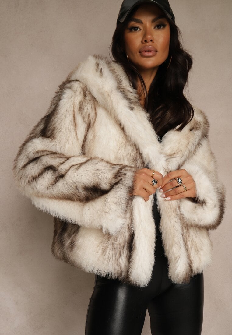 Biała Kurtka Futerko z Nieodpinanym Kapturem Tusnema