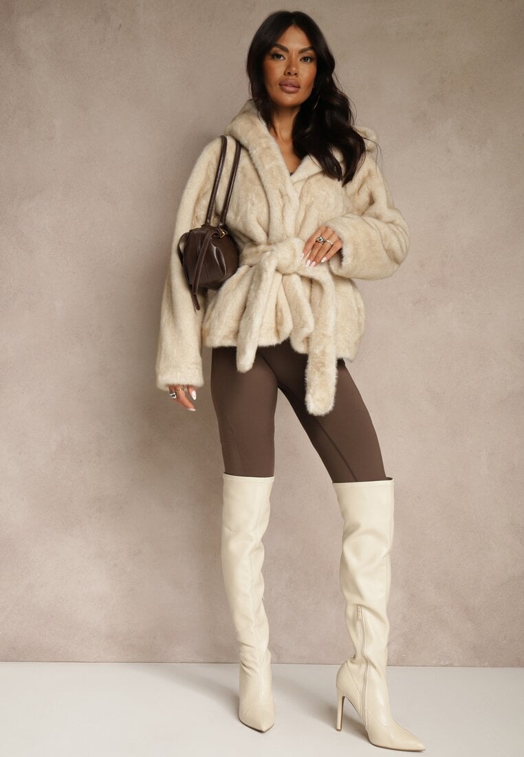 Beżowa Futerkowa Kurtka z Kapturem i Wiązanym Paskiem Zetele