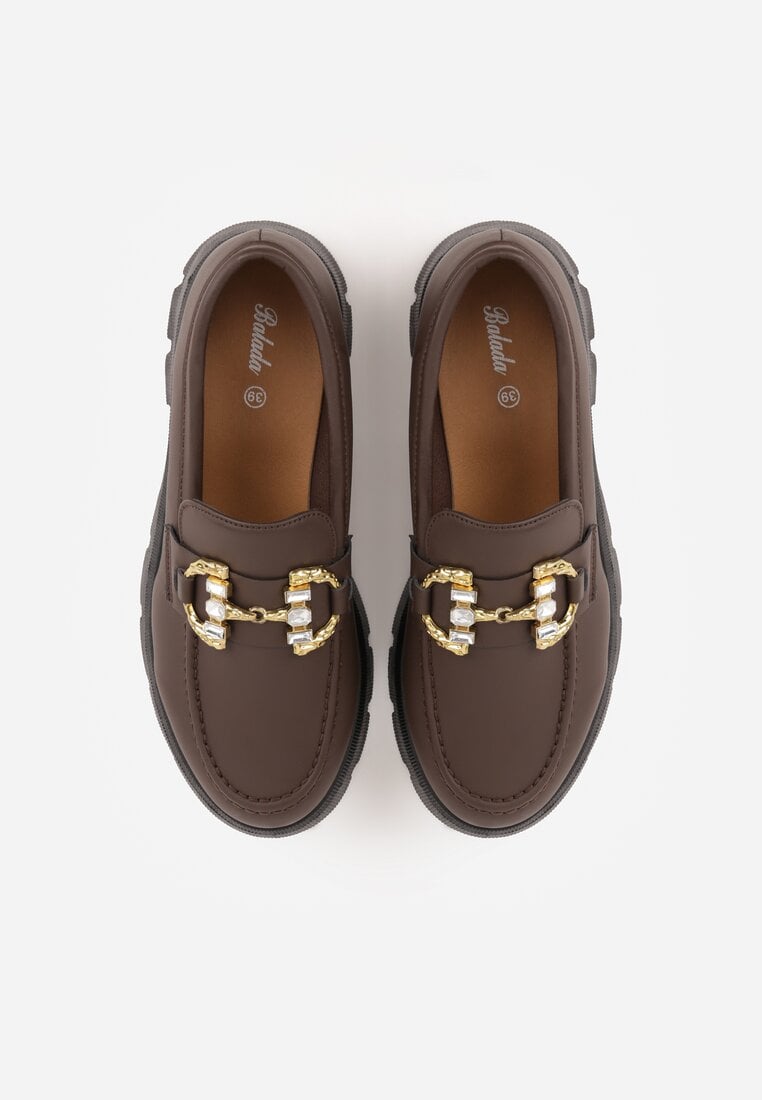 Brązowe Mokasyny na Platfromie w Stylu Chunky Ozdobione Cyrkoniami i Klamrą Tenisea