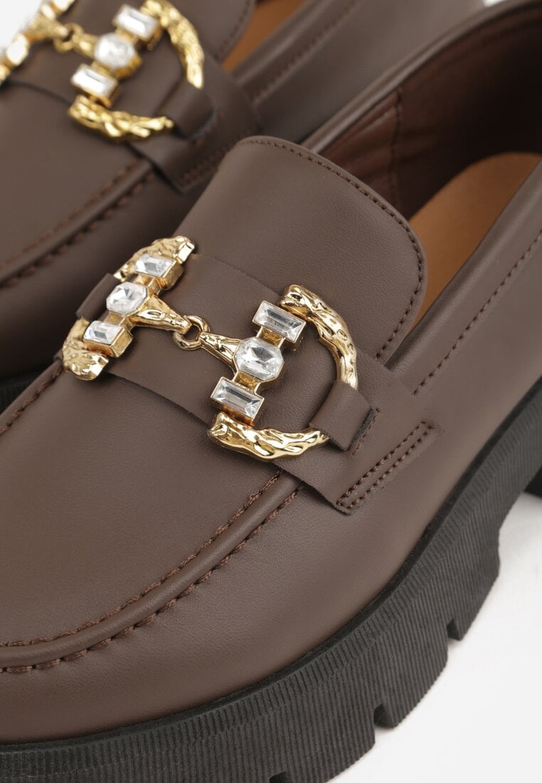 Brązowe Mokasyny na Platfromie w Stylu Chunky Ozdobione Cyrkoniami i Klamrą Tenisea