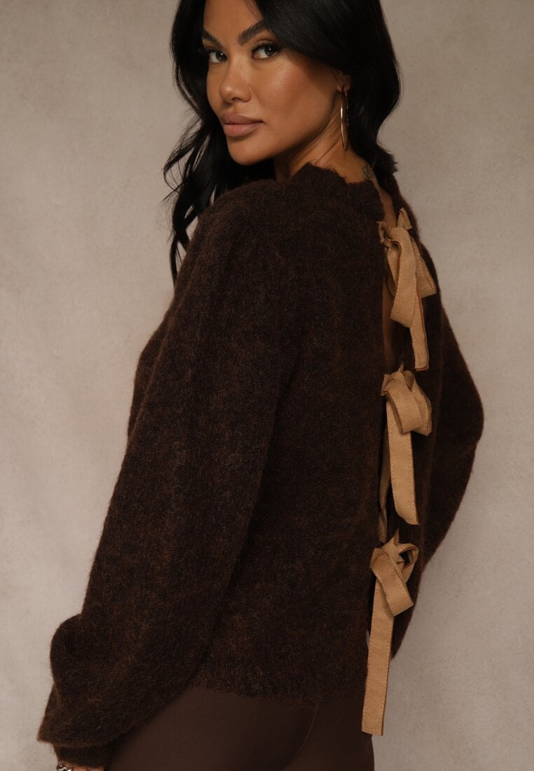 Brązowy Kardigan z Wełną Zdobiony Bufiastymi Rękawami i Wiązaniem na Plecach Tusfina