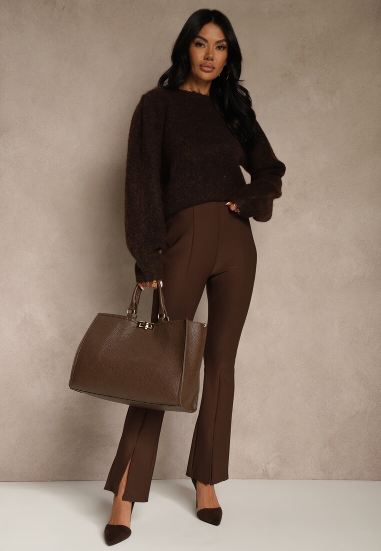 Brązowy Kardigan z Wełną Zdobiony Bufiastymi Rękawami i Wiązaniem na Plecach Tusfina