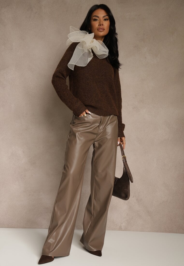 Brązowy Sweter z Dodatkiem Wełny Ozdobiony przy Szyi Wiązaniem Tusmele