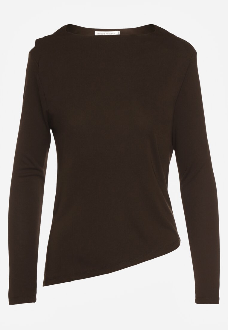 Brązowa Bluzka Longsleeve o Asymetrycznym Kroju z Poduszkami w Ramionach Tusandia