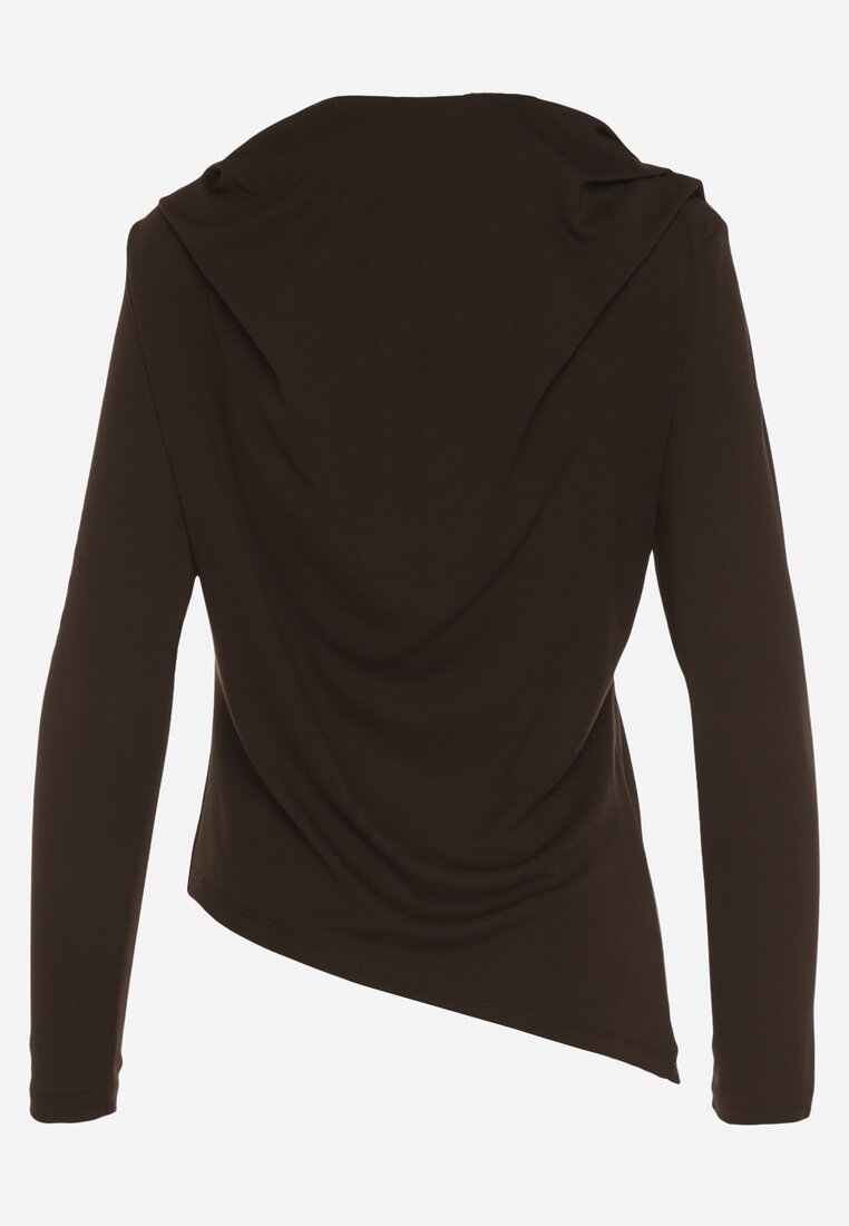 Brązowa Bluzka Longsleeve o Asymetrycznym Kroju z Poduszkami w Ramionach Tusandia