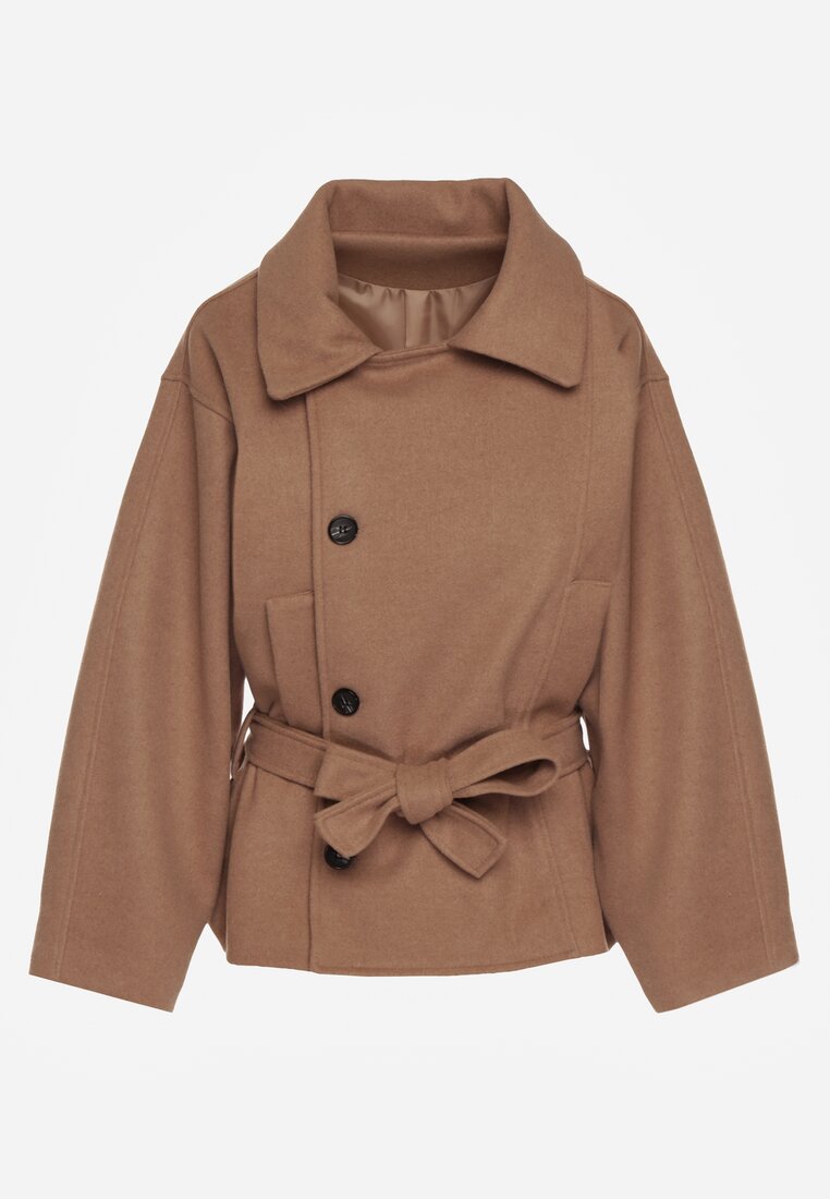 Beżowy Pudełkowy Krótki Płaszcz z Wiskozą z Wiązanym Paskiem i Kołnierzykiem Tusainea