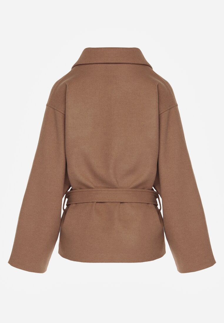 Beżowy Pudełkowy Krótki Płaszcz z Wiskozą z Wiązanym Paskiem i Kołnierzykiem Tusainea