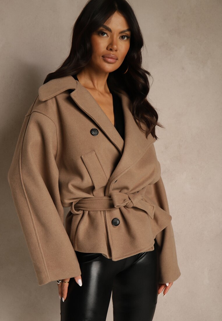 Beżowy Pudełkowy Krótki Płaszcz z Wiskozą z Wiązanym Paskiem i Kołnierzykiem Tusainea