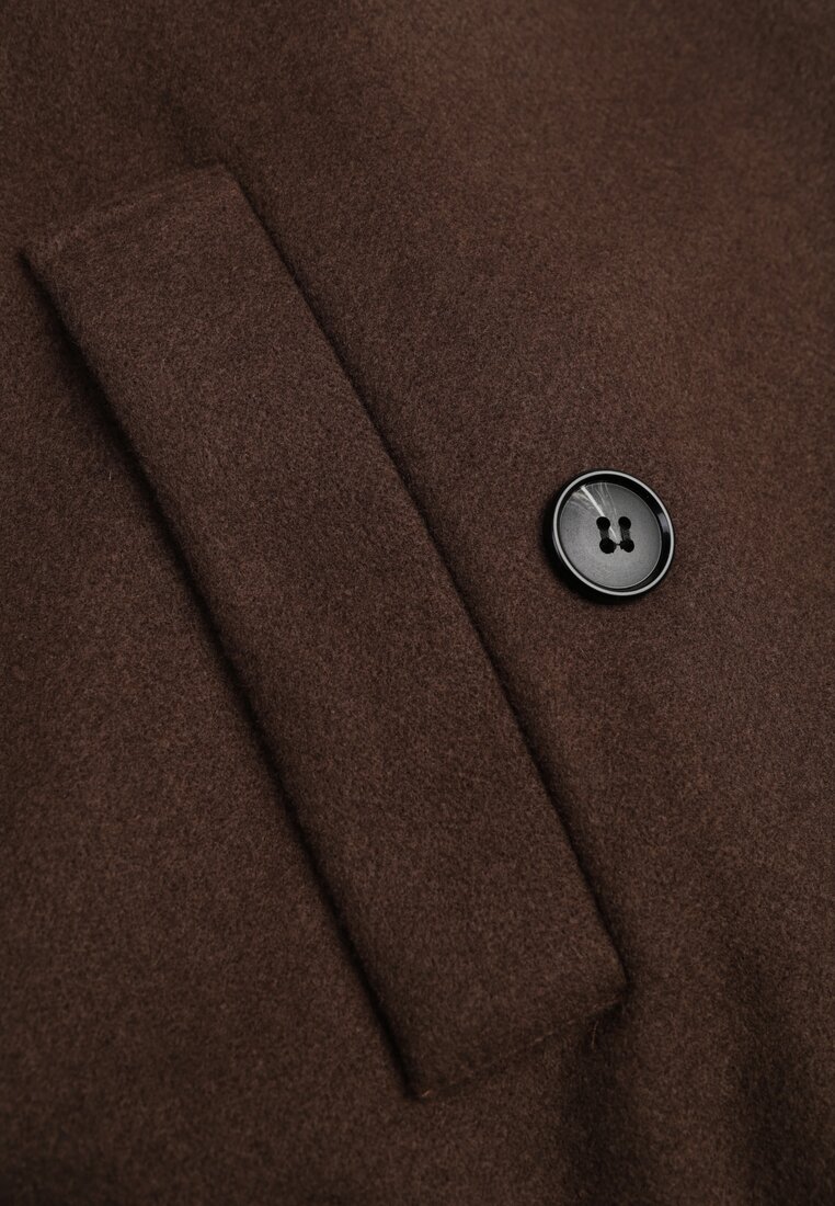 Brązowy Pudełkowy Krótki Płaszcz z Wiskozą z Wiązanym Paskiem i Kołnierzykiem Tusainea