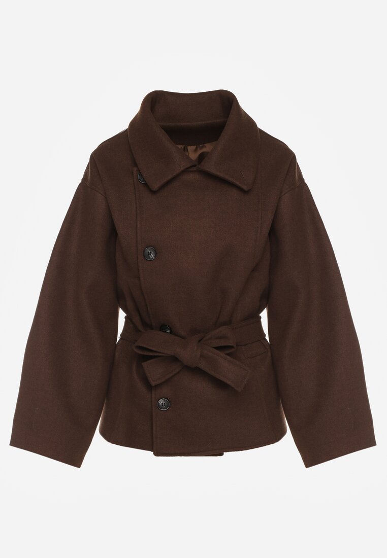 Brązowy Pudełkowy Krótki Płaszcz z Wiskozą z Wiązanym Paskiem i Kołnierzykiem Tusainea