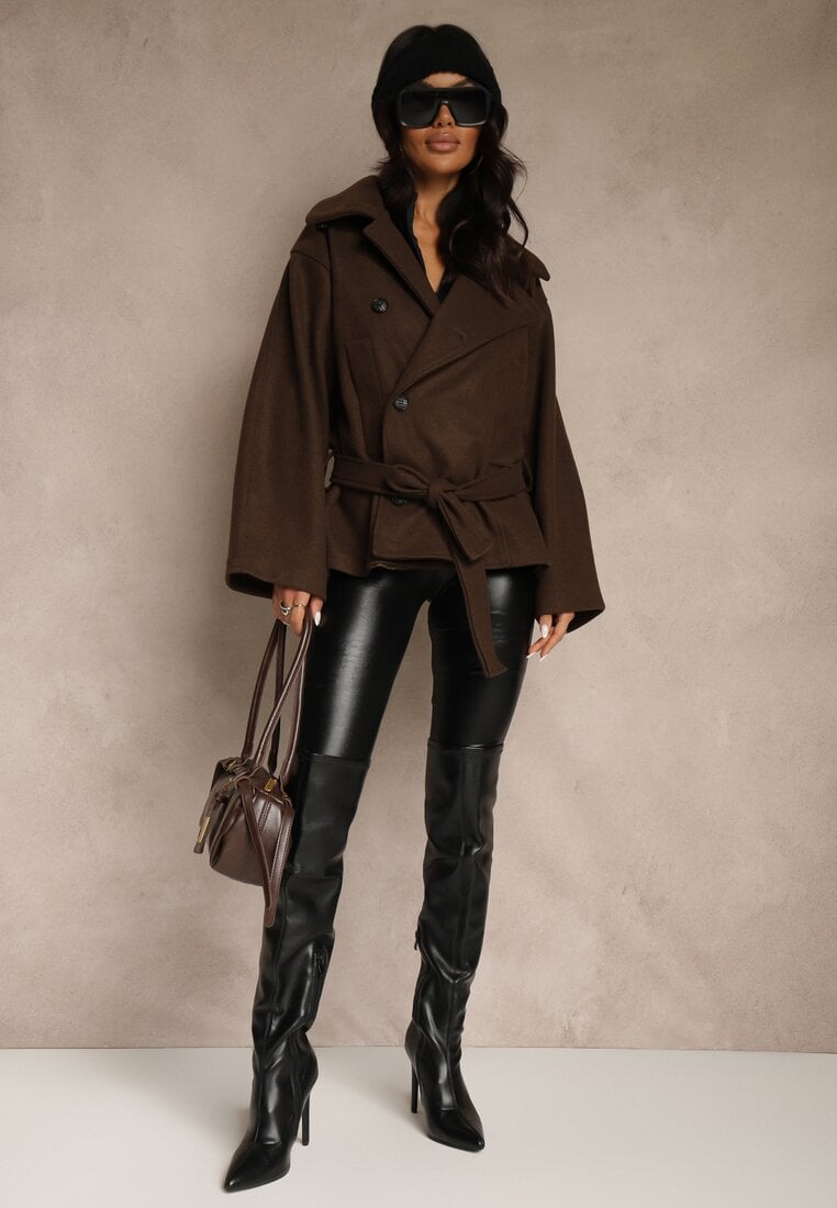 Brązowy Pudełkowy Krótki Płaszcz z Wiskozą z Wiązanym Paskiem i Kołnierzykiem Tusainea