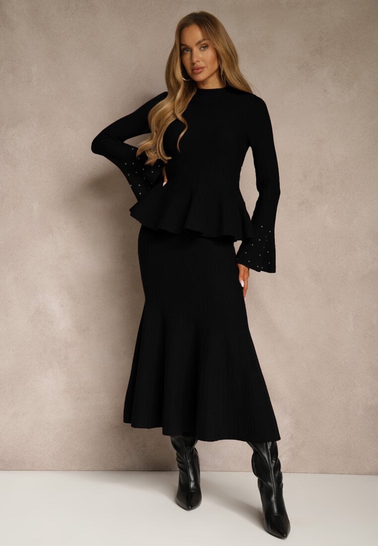 Czarny Komplet z Dzianiny z Wiskozą Spódnica i Sweter z Baskinką i Cyrkoniami Nereza