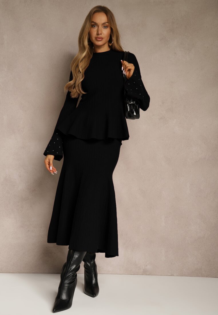 Czarny Komplet z Dzianiny z Wiskozą Spódnica i Sweter z Baskinką i Cyrkoniami Nereza