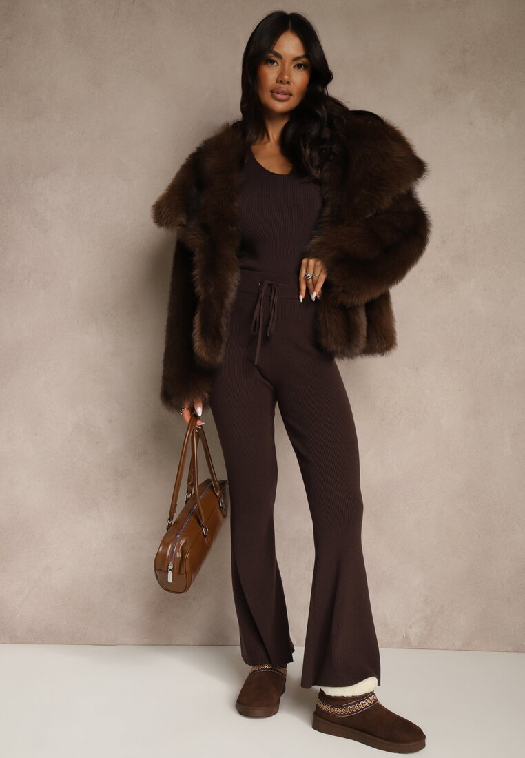 Brązowe Dzianinowe Spodnie z Wiskozą o Kroju Flare Zetene