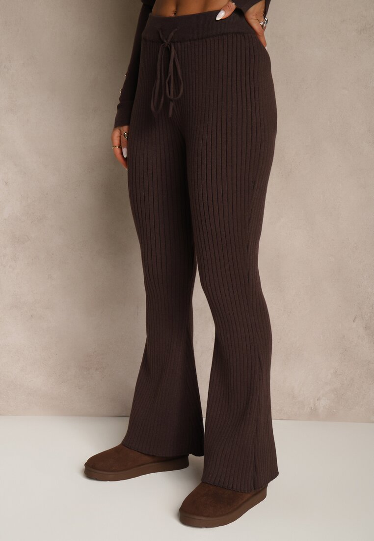 Brązowe Spodnie Dzwony z Wiskozą High Waist Tusrima