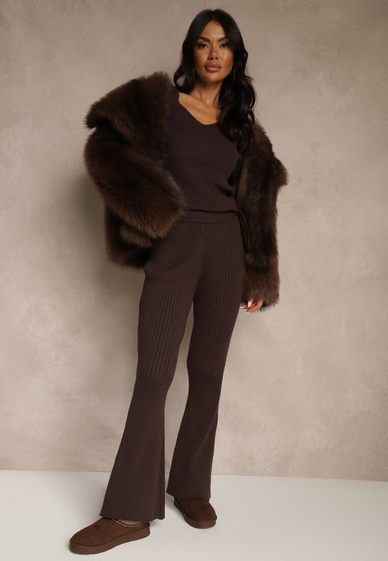 Brązowe Spodnie Dzwony z Wiskozą High Waist Tusrima