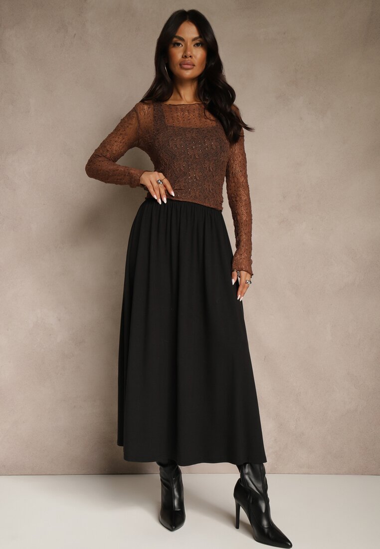 Czarna Rozkloszowana Spódnica z Bawełny Tussala