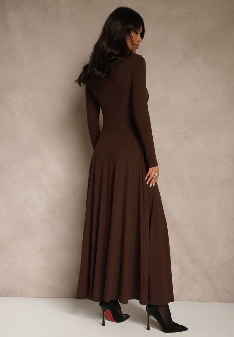 Brązowa Rozkloszowana Sukienka z Bawełny Tusmala