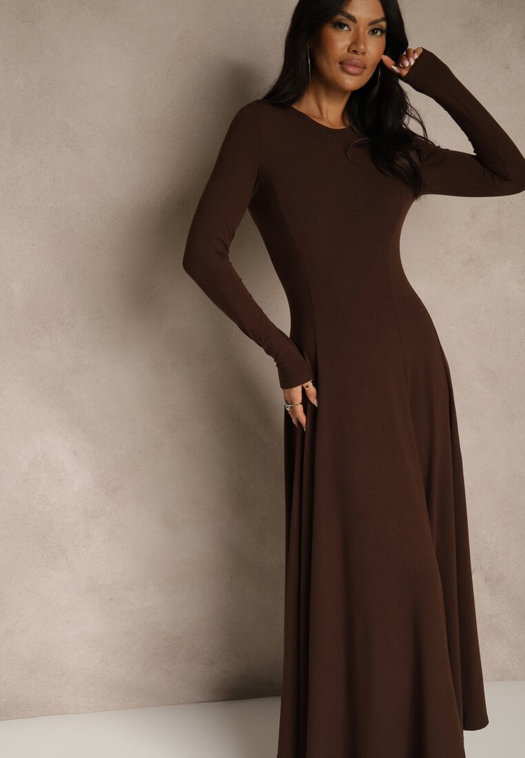 Brązowa Rozkloszowana Sukienka z Bawełny Tusmala