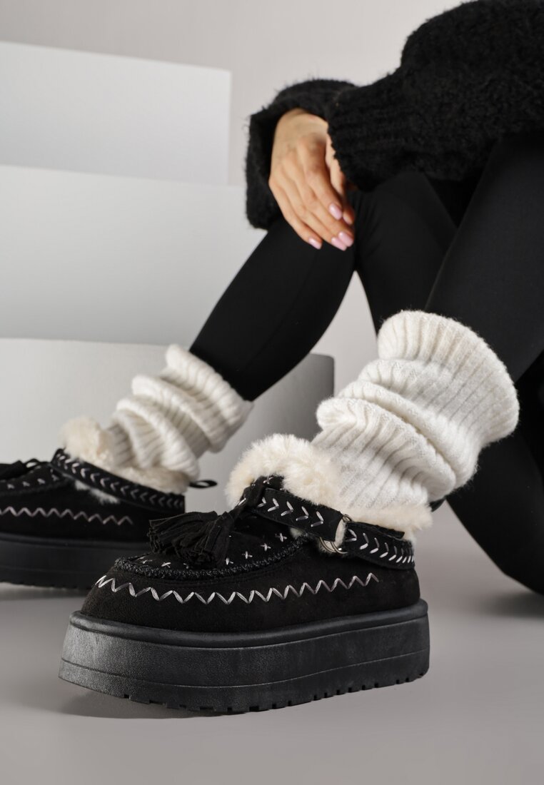 Czarne Śniegowce na Platformie Ozdobione Haftem i Frędzlami  Linomis