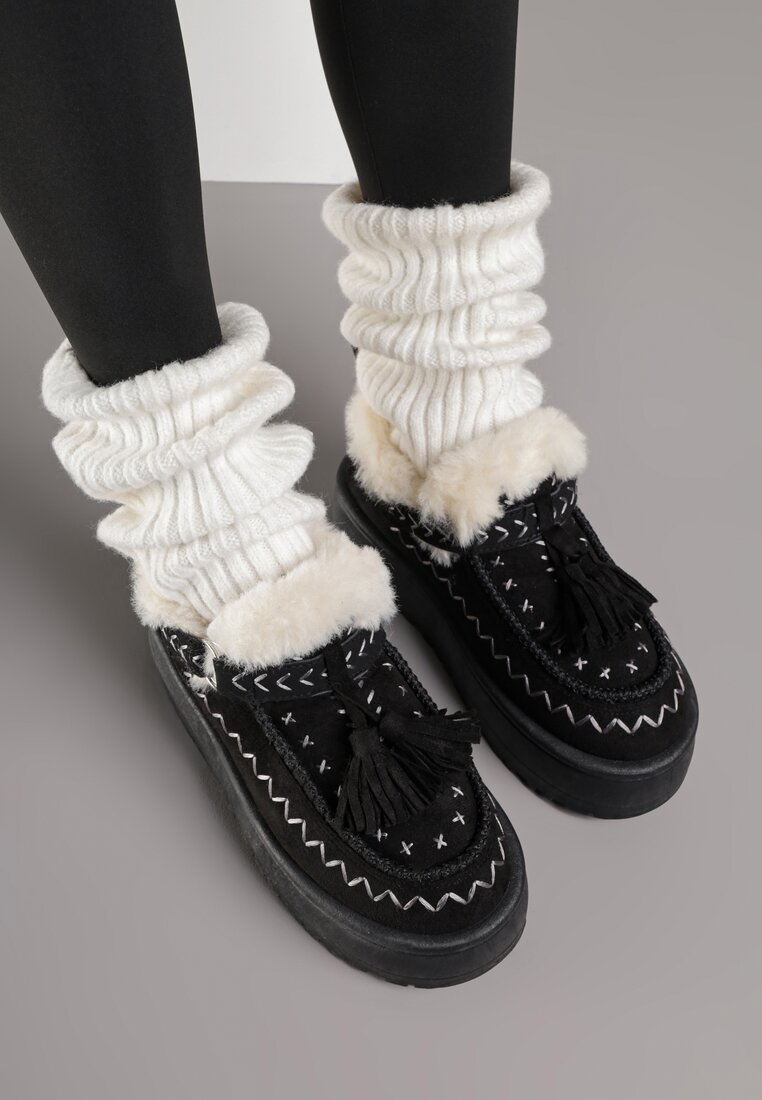 Czarne Śniegowce na Platformie Ozdobione Haftem i Frędzlami  Linomis