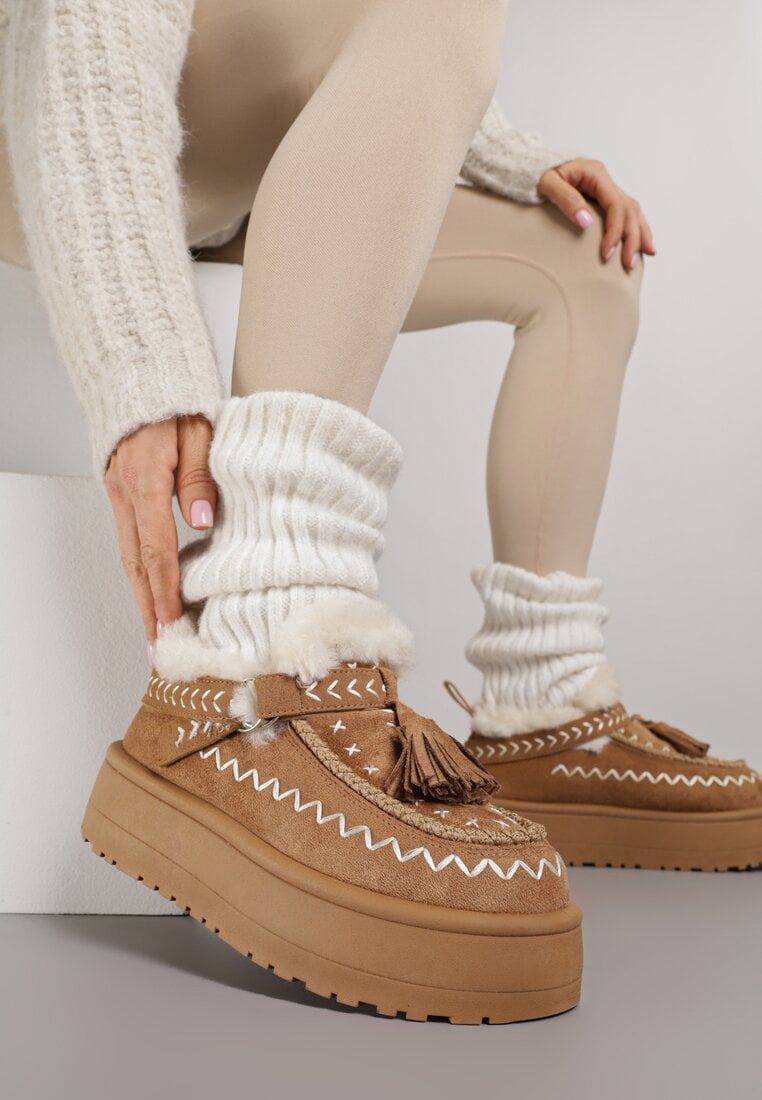 Brązowe Śniegowce na Platformie Ozdobione Haftem i Frędzlami  Linomis