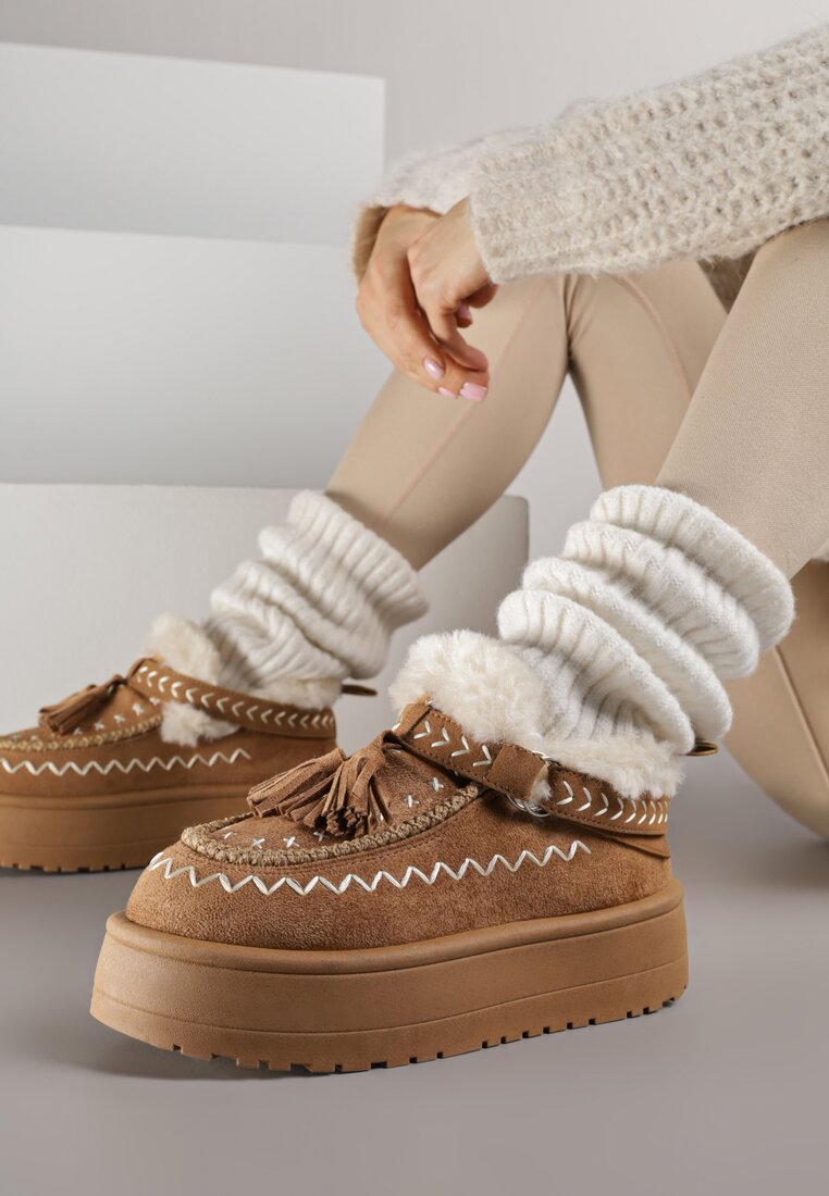 Brązowe Śniegowce na Platformie Ozdobione Haftem i Frędzlami  Linomis