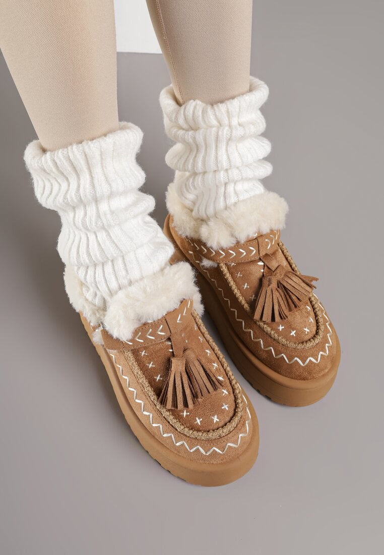 Brązowe Śniegowce na Platformie Ozdobione Haftem i Frędzlami  Linomis