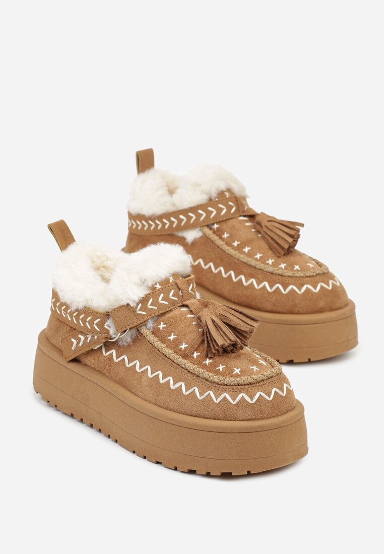 Brązowe Śniegowce na Platformie Ozdobione Haftem i Frędzlami  Linomis